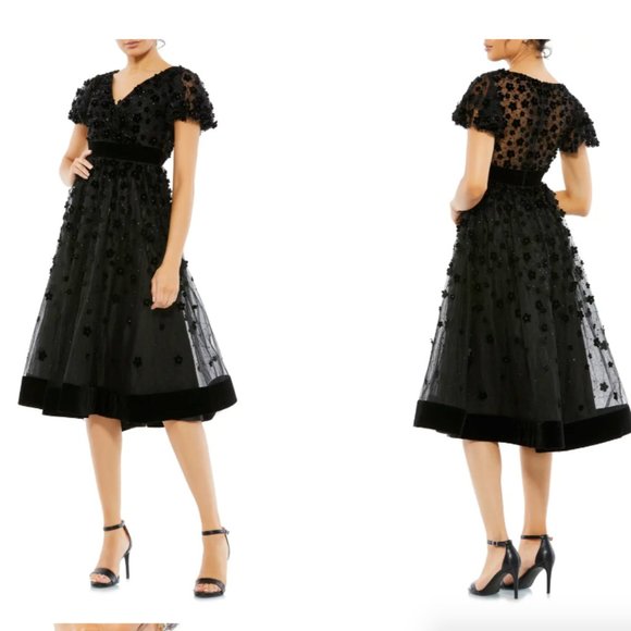 MAC DUGGAL FLORAL APLLIQUE COCKTAIL MIDI BLACK MIDI DRESS sz 16 - Picture 1 of 4